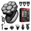 Black rechargeable 6-in-1 hair clipper and shaver kit with attachments displayed.