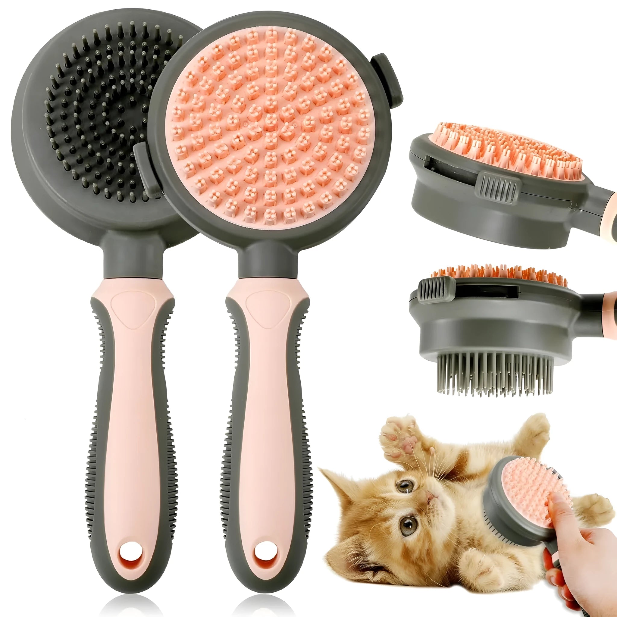 Double-sided reversible cat brush with flea comb in green or pink colour options