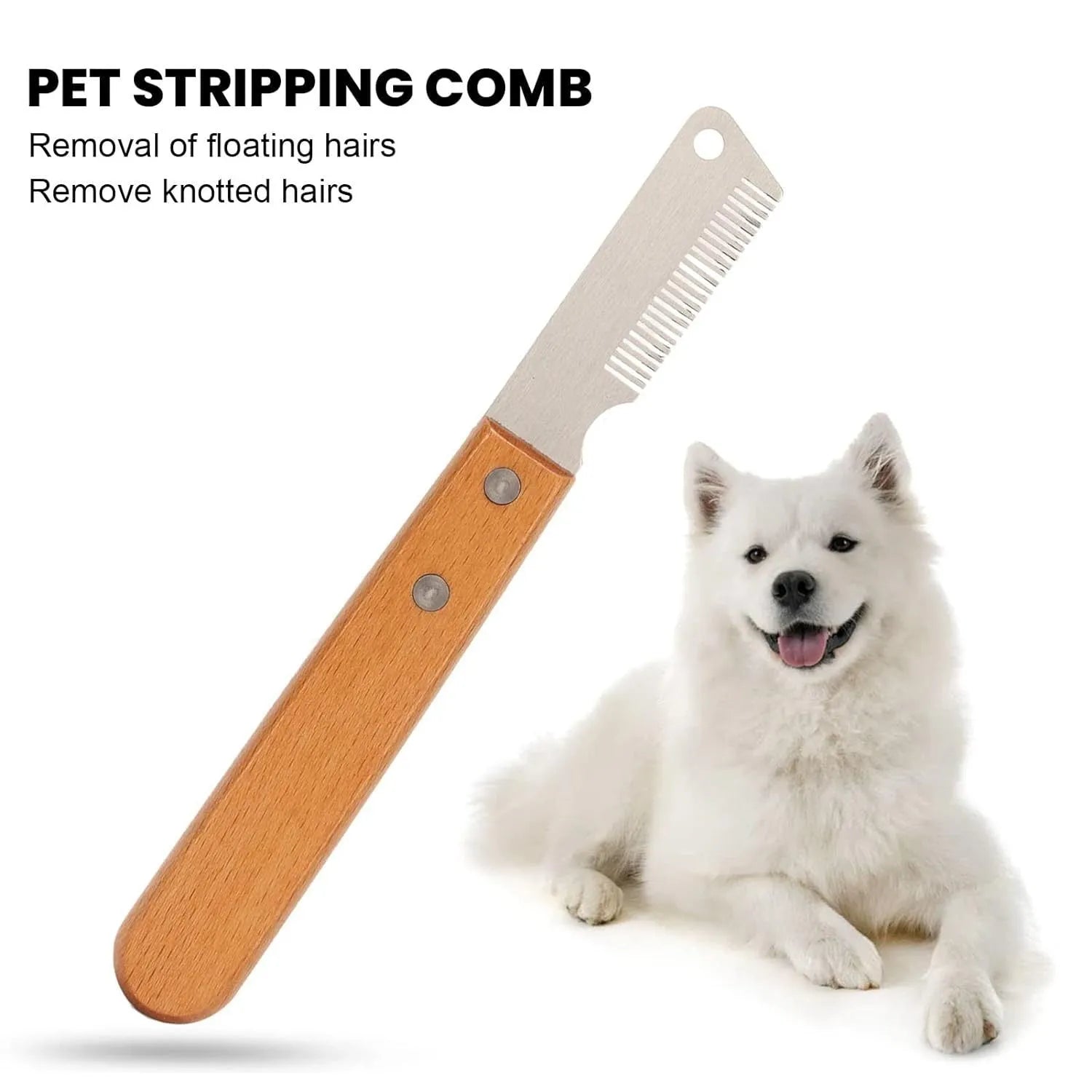 Pet stripping comb with wood handle and metal blade for dog and cat grooming