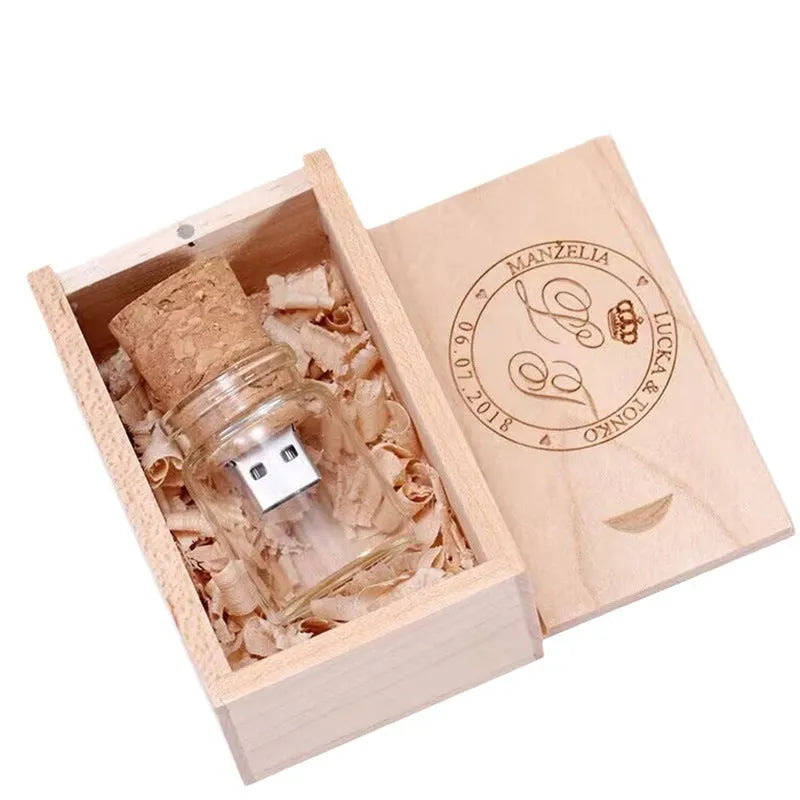 Wooden wish drift bottle USB flash drive with transparent design showing capacity options