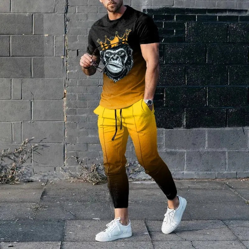 Men's short-sleeved printed pullover and matching trousers set on a neutral background