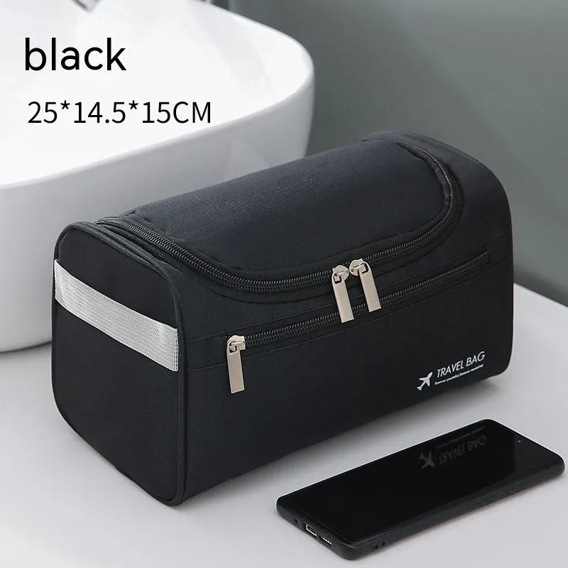 Large capacity men's waterproof cosmetic bag in PU brown with carry handle, 25x14x13cm