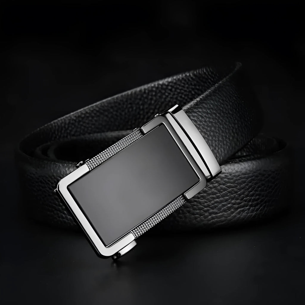 Men's automatic buckle leather belt in gun black, silver, or gold finish showing alloy buckle