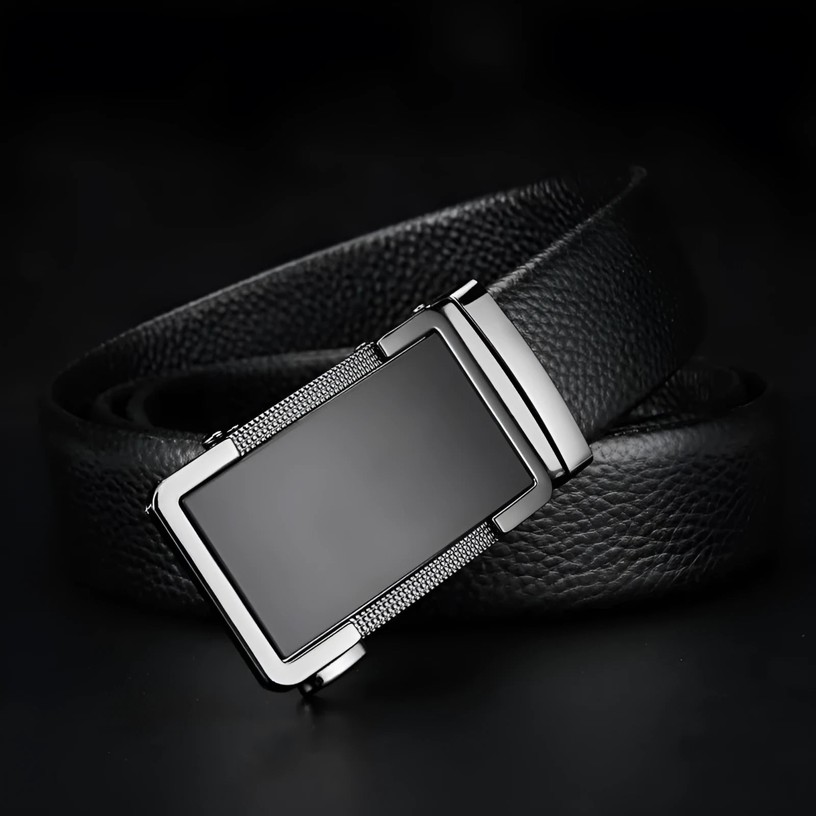 Men's automatic buckle leather belt in gun black, silver, or gold finish showing alloy buckle