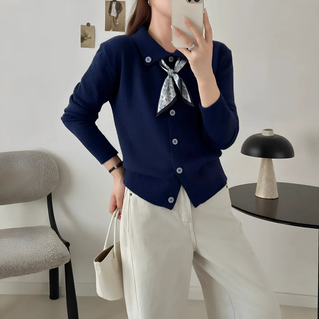 Women's milky white acrylic cardigan with attached lapel scarf and long sleeves