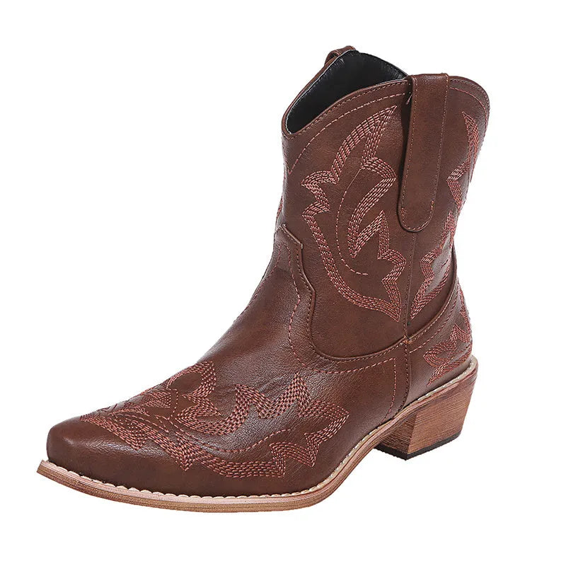 Blue women's cowboy boots with white embroidery, a low wedge heel, and a pointed toe