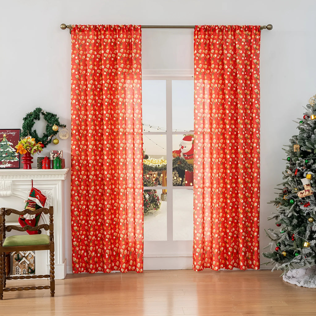Christmas Snowman Angel print curtain in red with cartoon figures, 1 metre wide