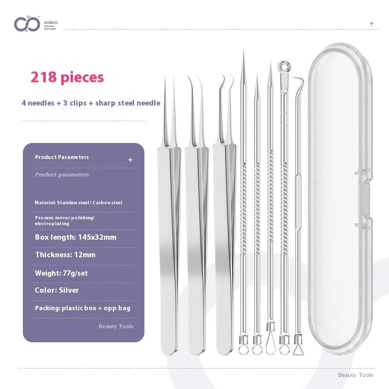Four silver metal acne needles with pointed tips for skincare extraction