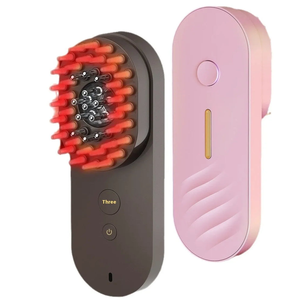 Smart massage comb with red light therapy and fluffy bristles, black and pink options under 10cm size