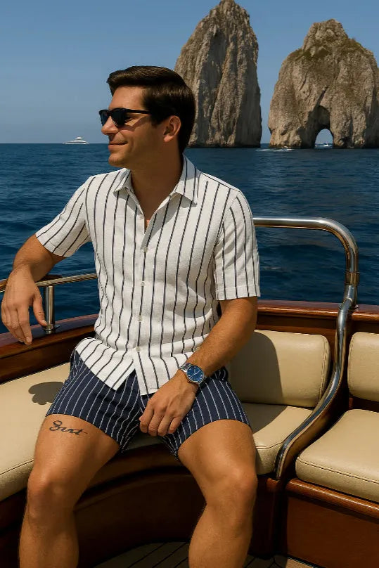 Men's beach shirt and shorts set in elastic fabric with anti-wrinkle properties
