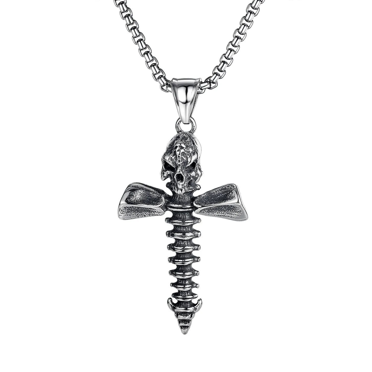 Men's silver skull necklace with stainless steel chain and alloy pendant
