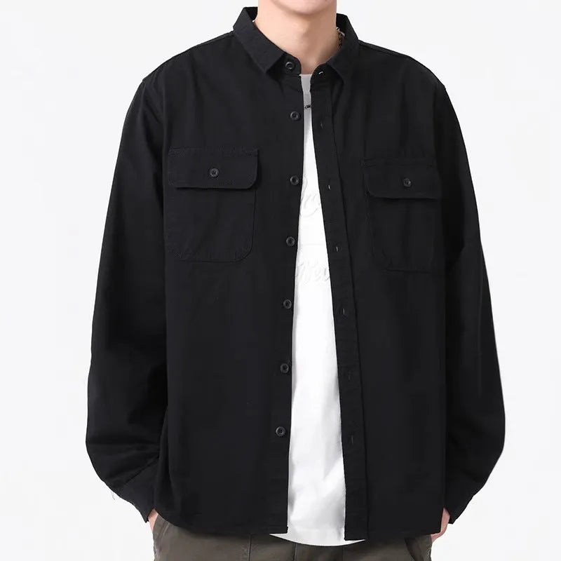Man wearing loose fit long sleeve shirt overalls in cardigan style, made from polyester fabric
