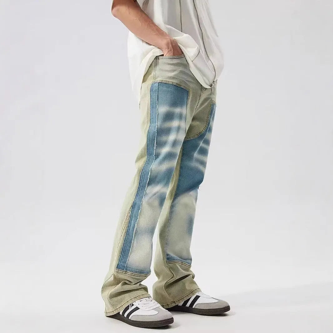 Yellow and blue retro patchwork jeans with splash-ink damaged design, mid waist and straight leg
