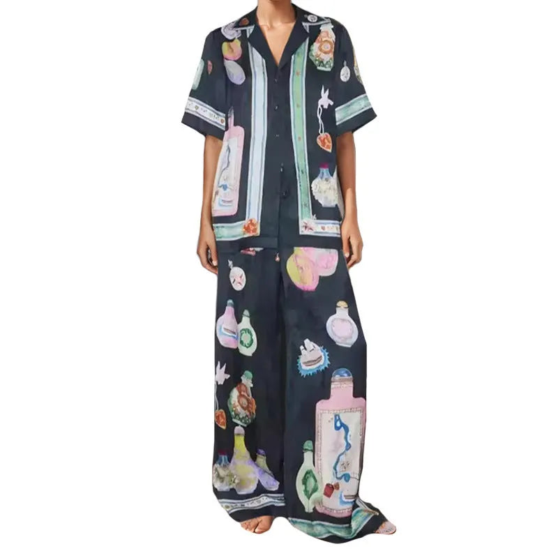 Black women's cardigan and pants set with cartoon animation pattern