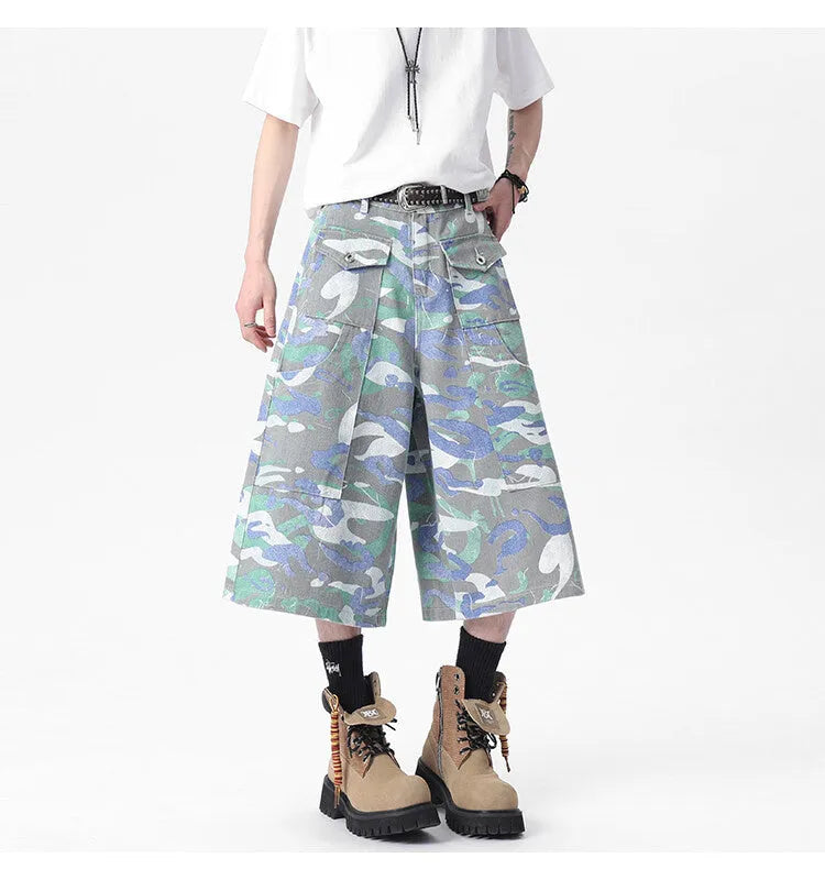 Men's camouflage cropped denim trousers with straight leg and workwear pocket styling