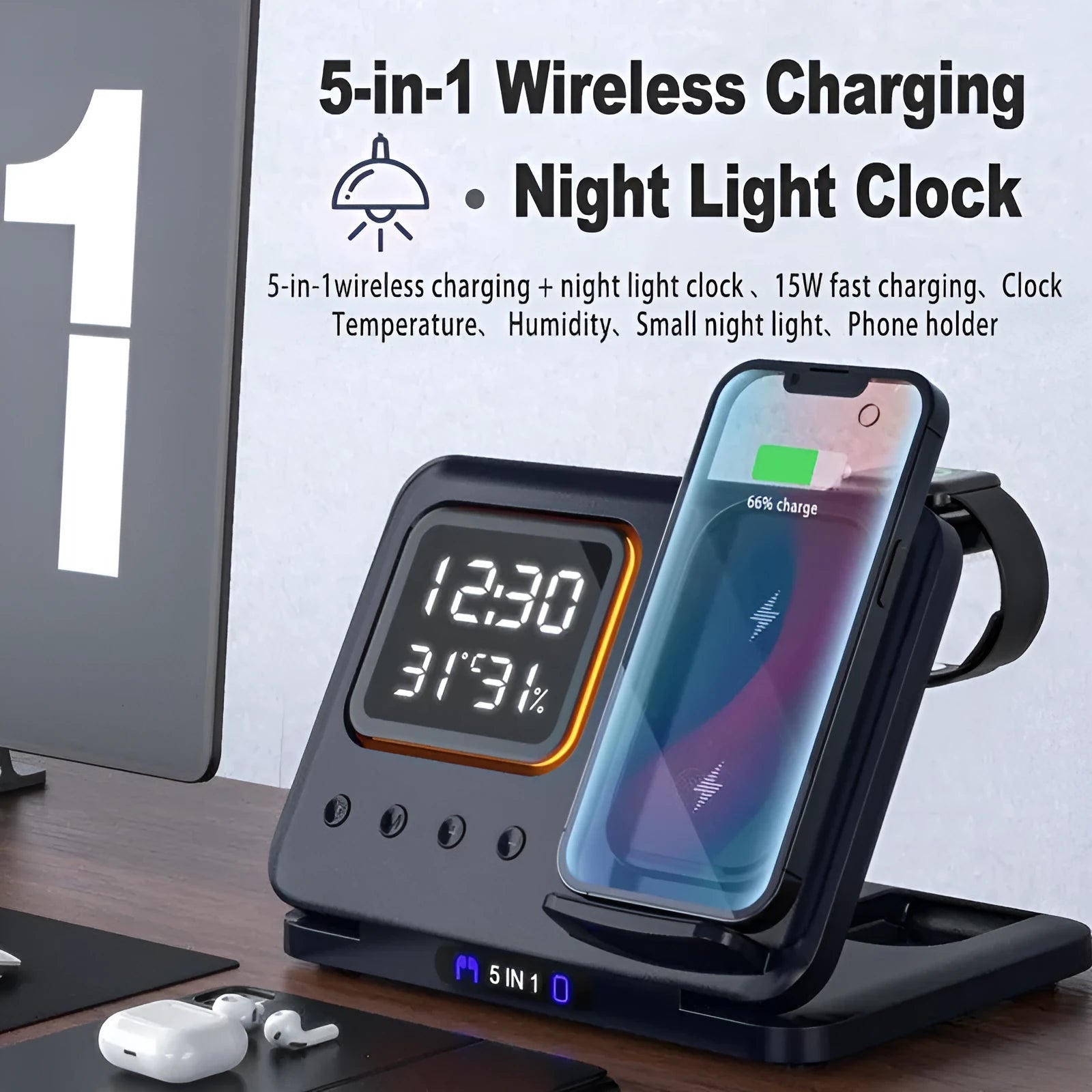 Black and white 15W wireless charging station with LED display showing time, charging phone, watch and headphones