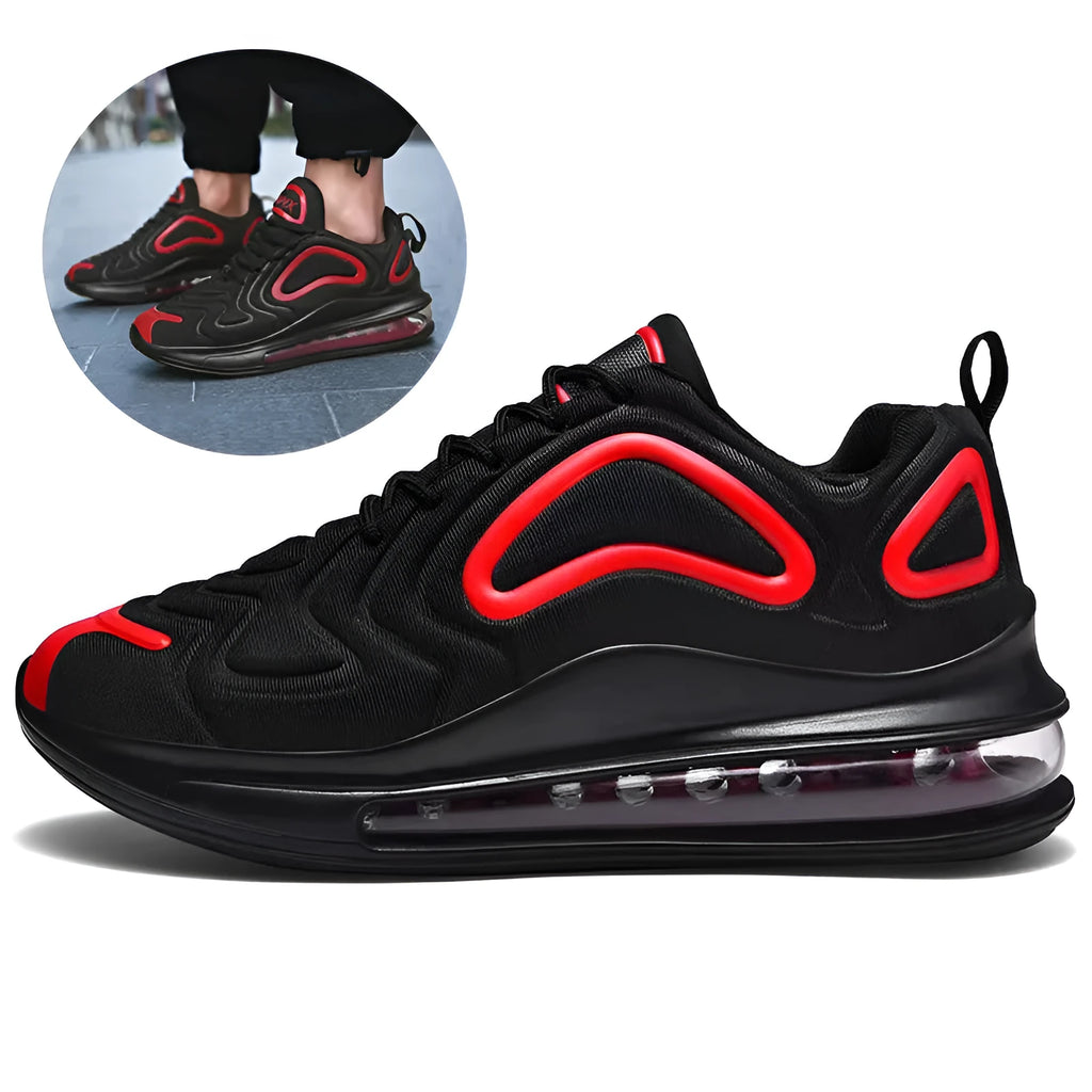 Men's black thick sole lace-up sneakers with a round toe and low-cut design.