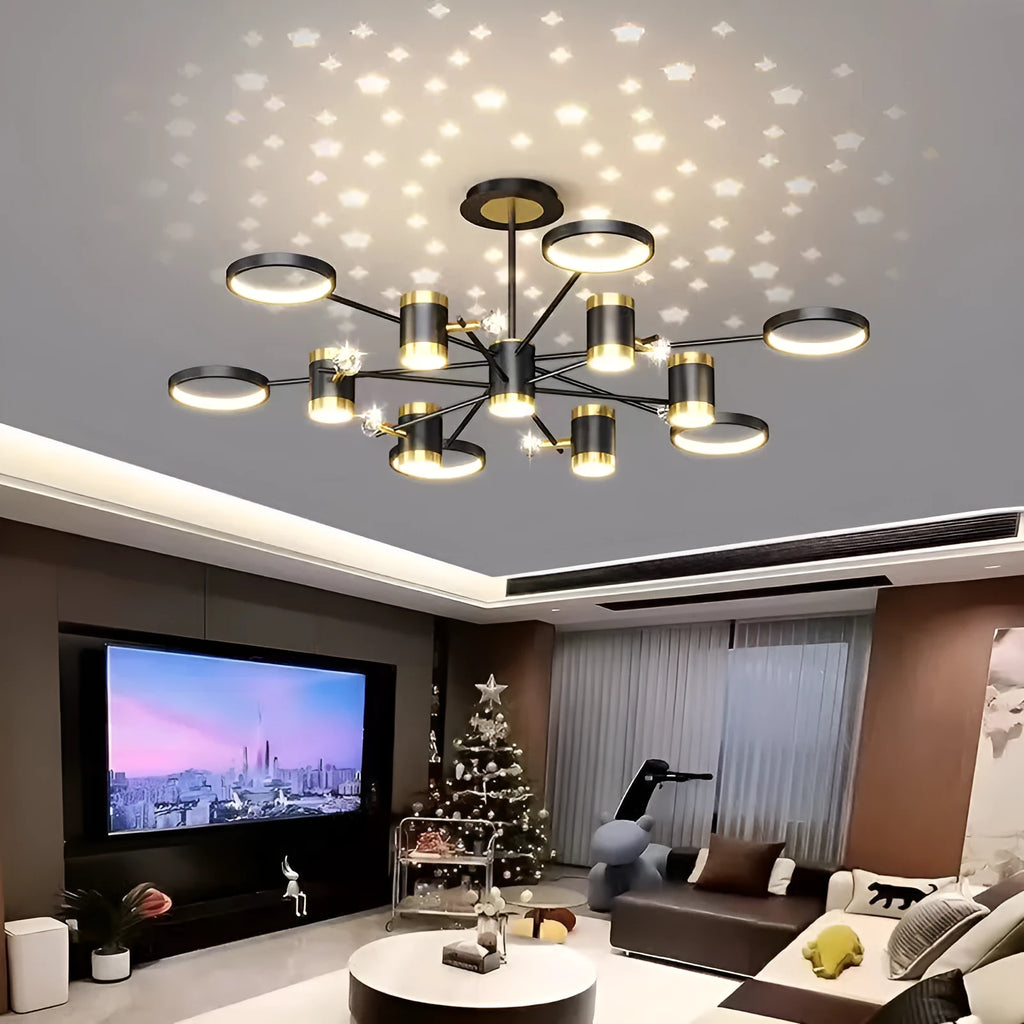 Black iron chandelier with 13 light heads and adjustable suspension