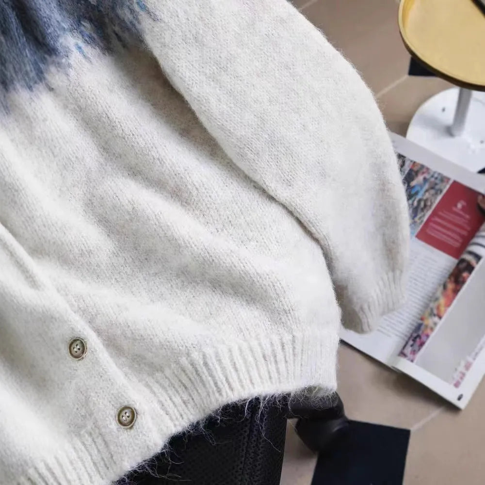Women's Jacquard knit sweater coat with contrasting colours in loose fit