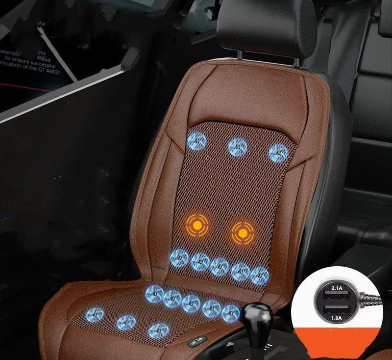 Black ventilated car seat cushion with multiple cooling fans, plugged into a 12V car socket.