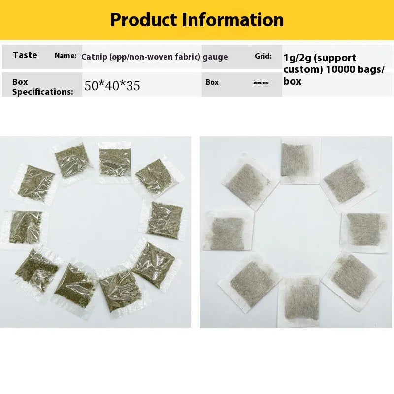 Single catnip tea bag 1 gram in non-woven fabric white background