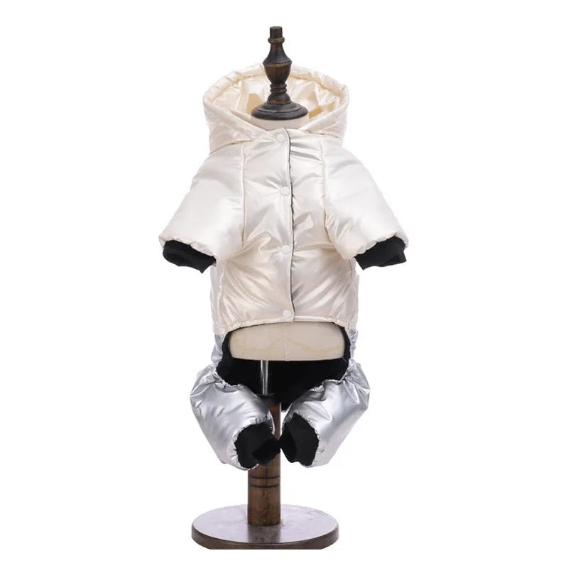 Green four-legged dog cotton coat showing waterproof windproof pet clothing design