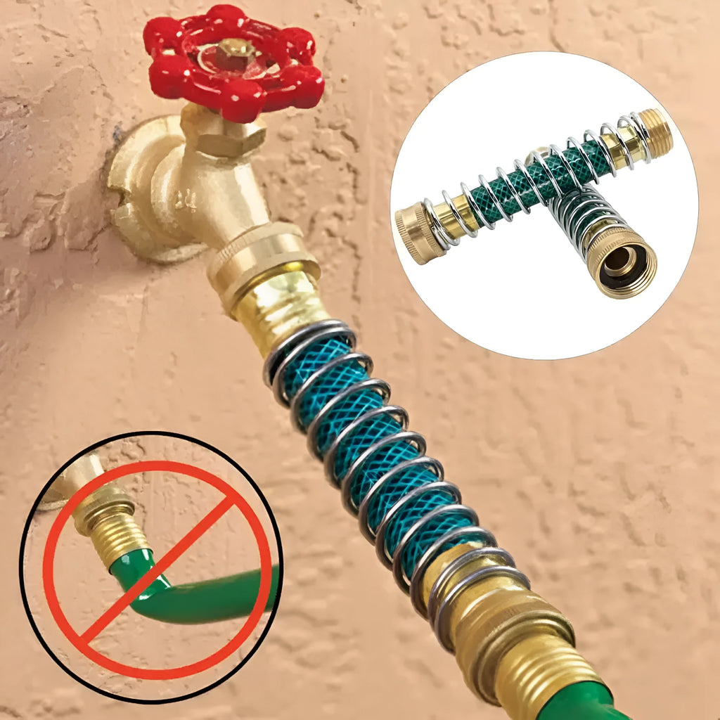 Brass garden hose sprinkler connector with spiral spring mechanism for preventing kinks