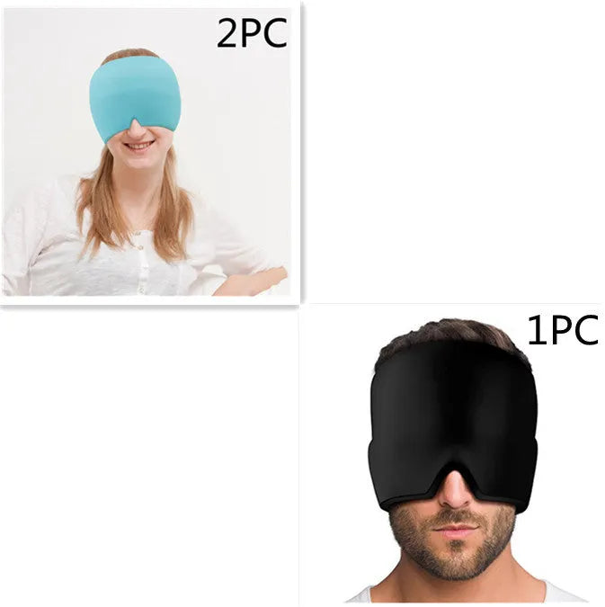 Cold therapy gel eye mask for headache relief in black colour on forehead