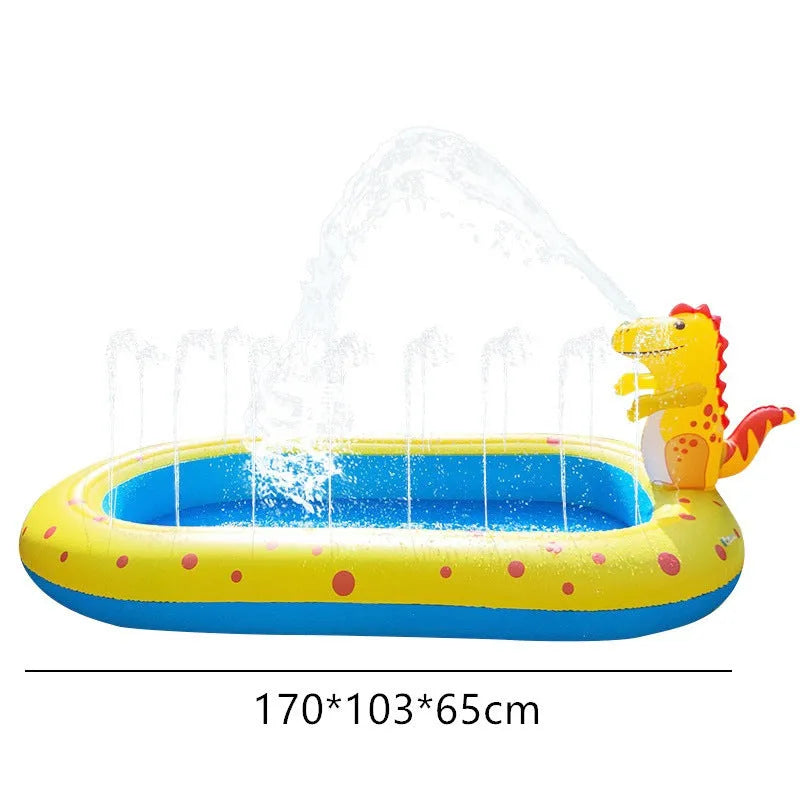 Blue dinosaur-shaped inflatable water pool with multiple sprayers for children's outdoor play