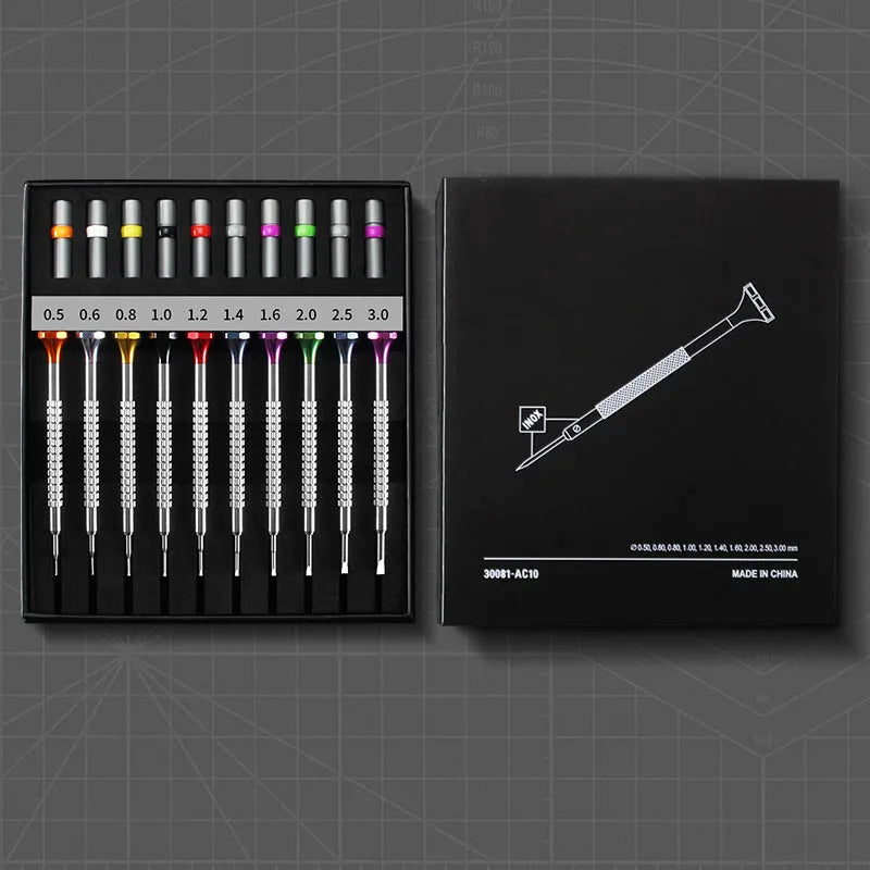 Precision manual screwdriver set for watch and glasses repair with 10 drivers and 20 spare bits