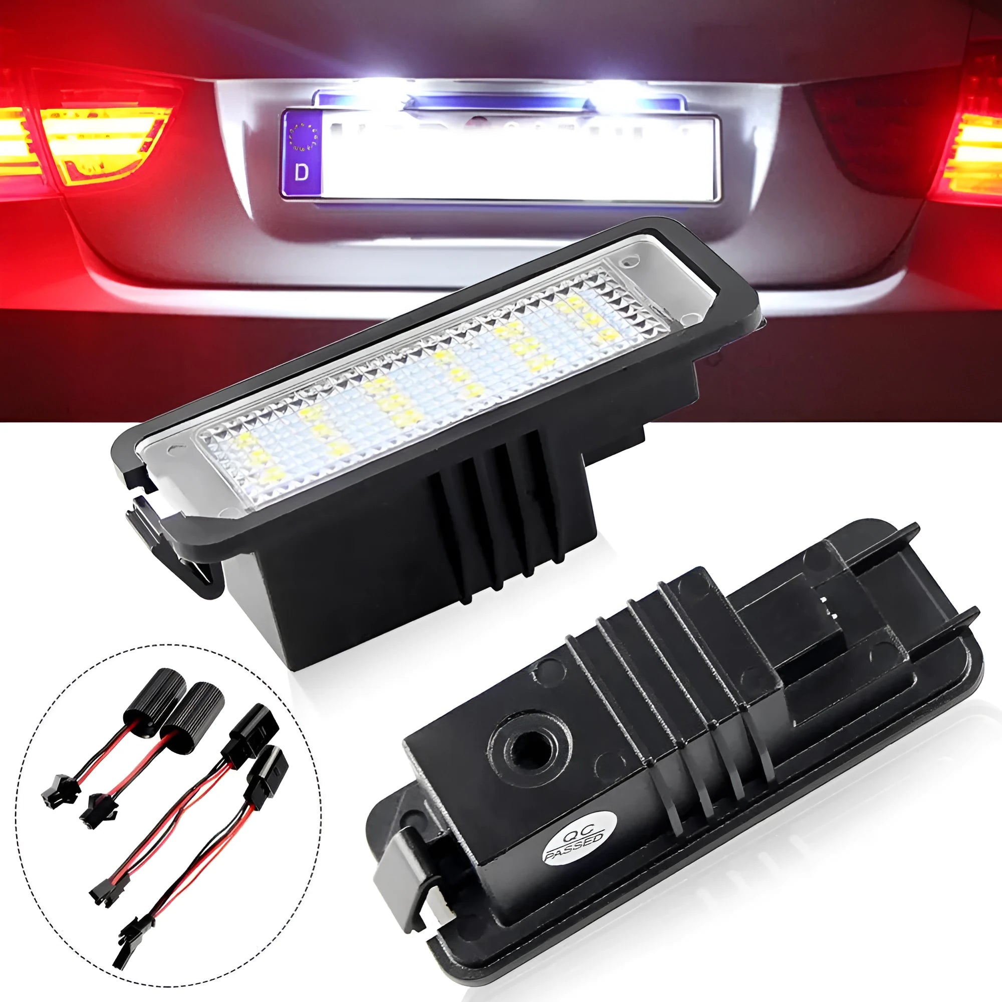 Pair of Volkswagen LED license plate light bulbs with SMD chips and connector for Golf, Polo, Phaeton.