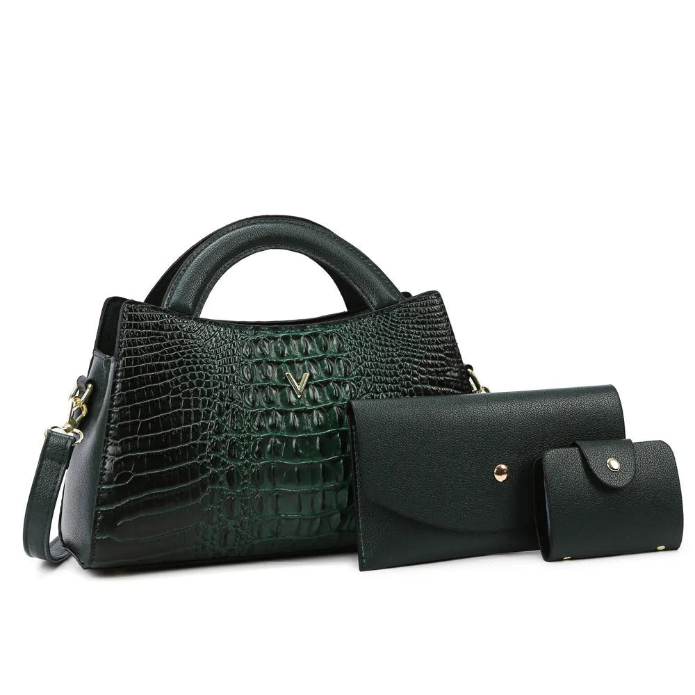 Women's crocodile pattern PU crossbody handbag showing interior compartments and colour options
