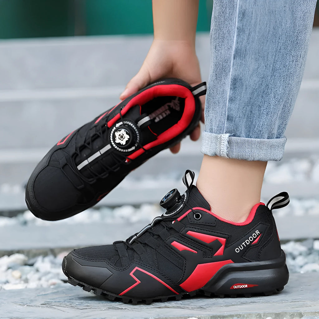 Men's off-road lightweight hiking shoes in black with an elastic band closure and rubber sole.