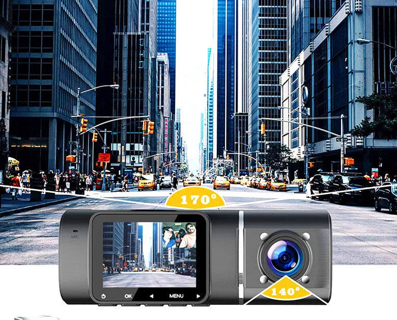 Black dual-channel dashcam car camera with front and rear recording for vehicle security