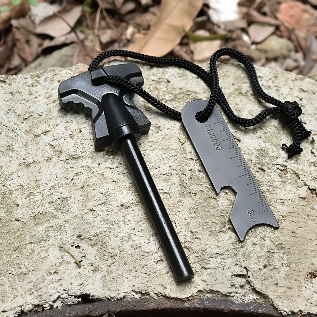 Stainless steel butterfly-shaped outdoor survival tool with fire starter striker and bottle opener.