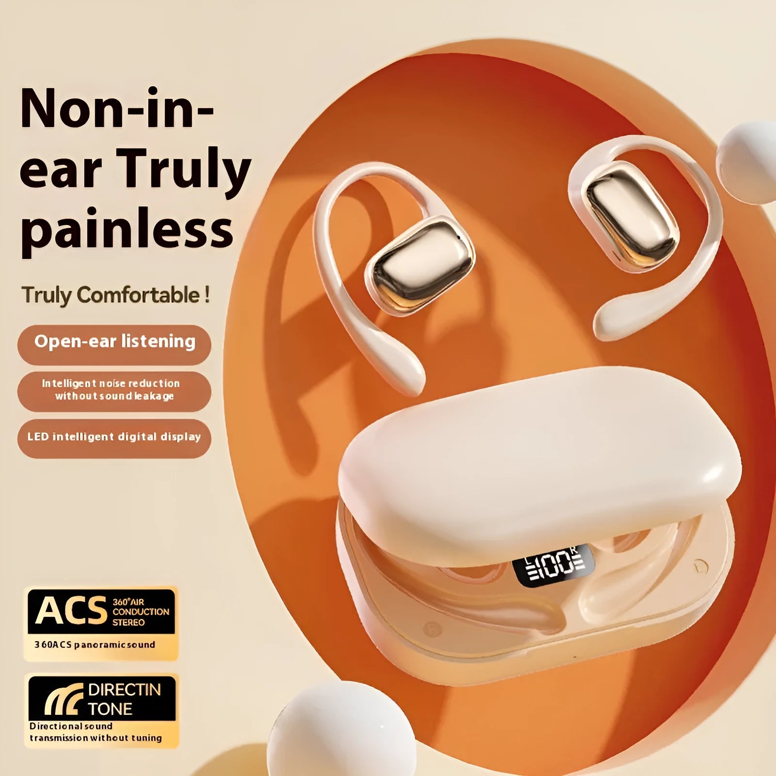 Ear-mounted wireless headphones with digital display screen in black, white, or skin colour options
