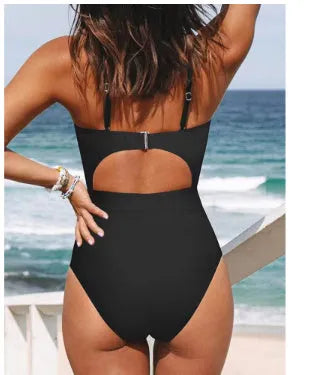 Women's solid colour cross-back one-piece swimsuit in black, wine red, or peacock blue