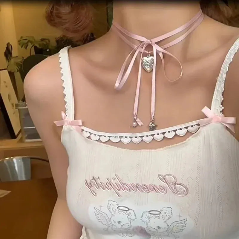 Women's love pendant fashion necklace with ribbon detail on clavicle-length alloy chain