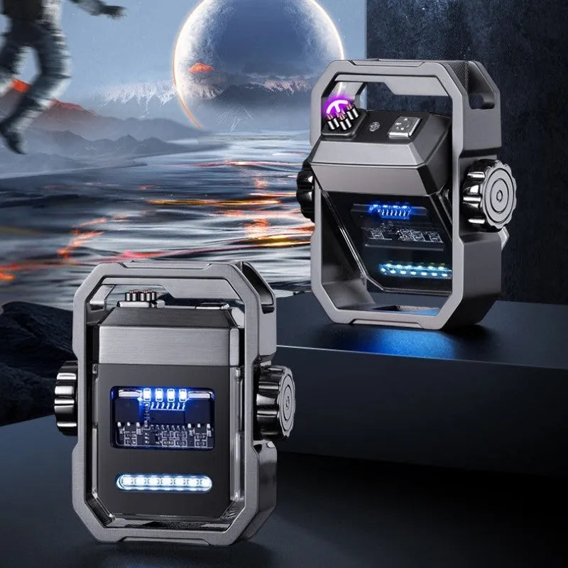 Blue Pulse Lighter showing windproof double arc, mechanical gyroscope, and Type-C charging port on a zinc alloy body.