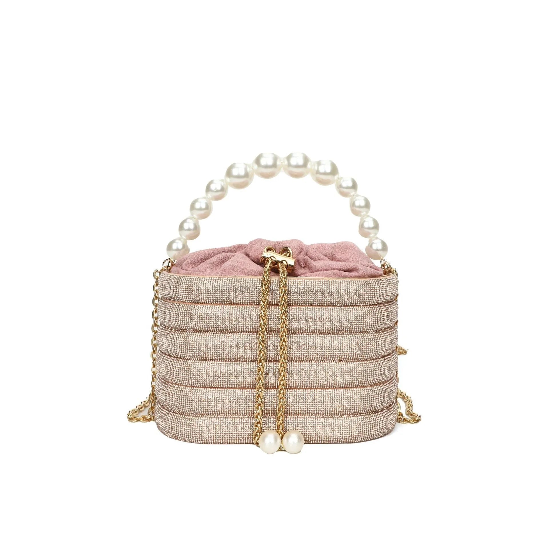 Round women's crossbody bag in PU leather with pearl bead decoration and single shoulder strap