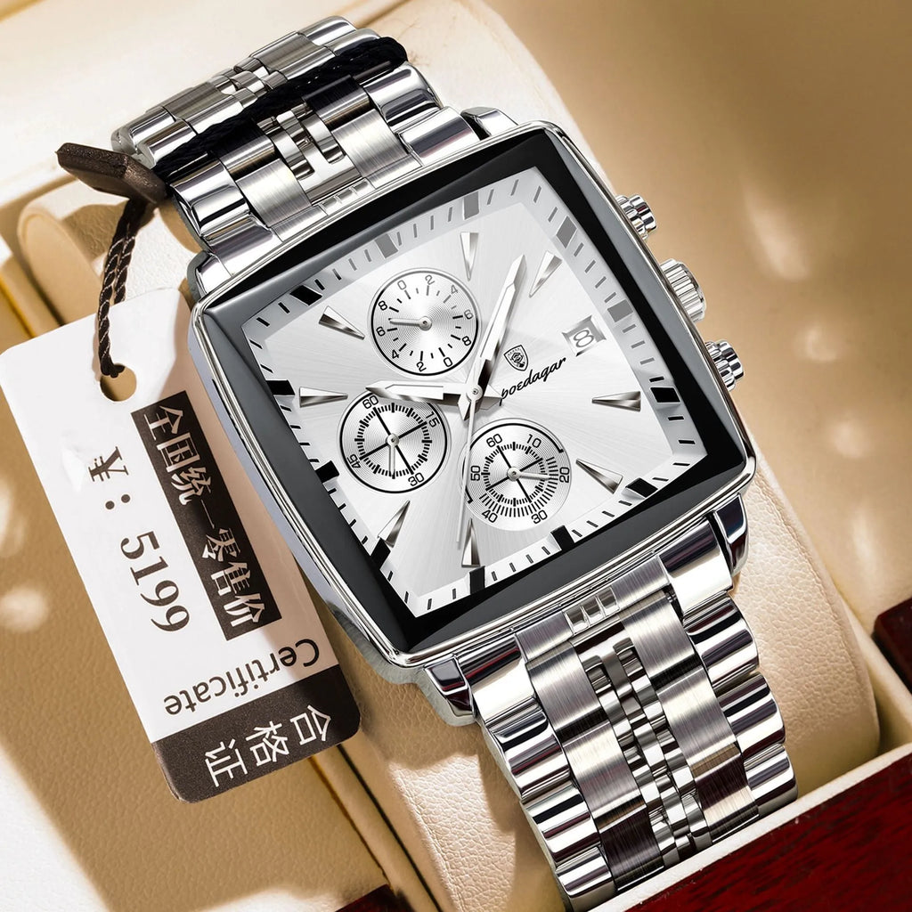 Square men's business quartz watch with stainless steel strap and mineral glass face.