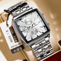 Square men's business quartz watch with stainless steel strap and mineral glass face.