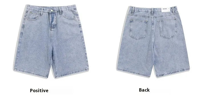 Men's light blue denim shorts showing five-pocket straight-leg design on a mid-rise waist