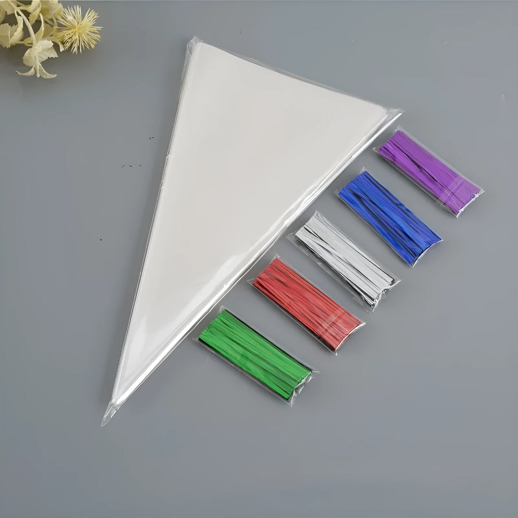 Clear plastic triangle-shaped bag with a twisted metal tie wire closure.