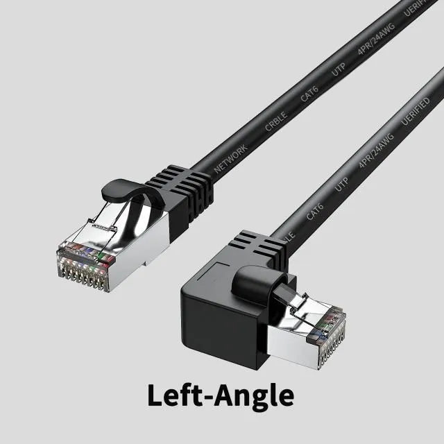Right-angled Cat6 Ethernet cable with metal connector in various colours including black, red, and yellow.