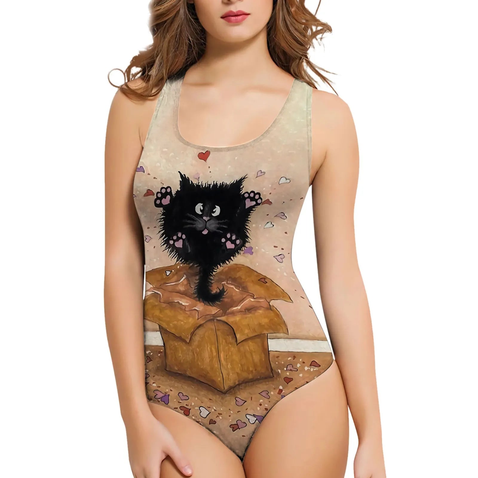 Women's 3D printed pattern one-piece swimsuit in polyester with sleeveless design
