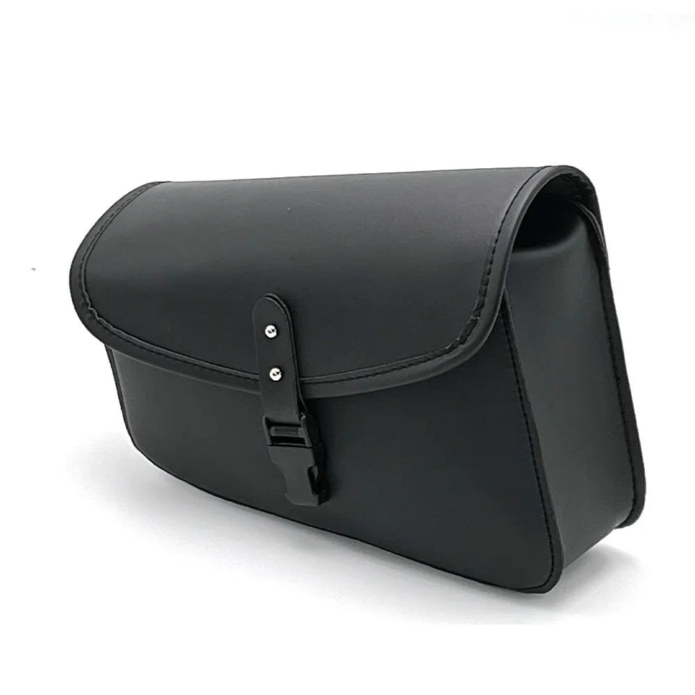 Black PU leather motorcycle swingarm bag for Harley Davidson Sportster showing left and right mounting options