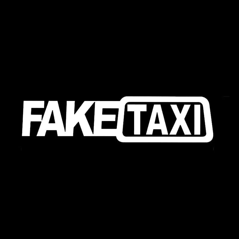 Waterproof PET car warning sticker with FAKE TAXI text measuring 20 by 8 centimetres