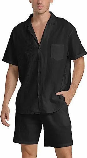 Men's flax short-sleeved top and shorts set for summer sports in army green.