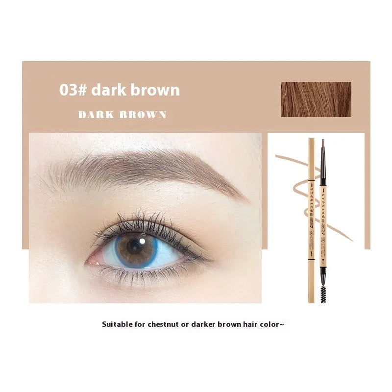 Gold ultra-fine eyebrow pencil shown in five shades: light brown, kaki brown, dark brown, grey black, and black